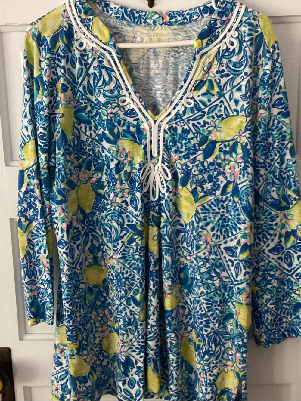 Lilly Pulitzer Blue Floral V-Neck Tunic with Yellow Accents